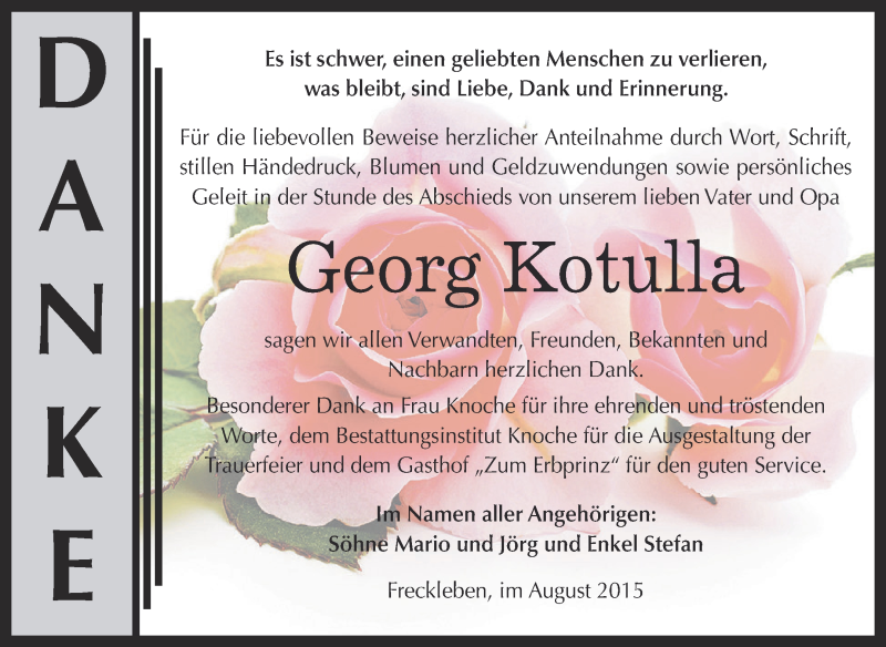  Traueranzeige für Georg Kotulla vom 22.08.2015 aus Super Sonntag Aschersleben