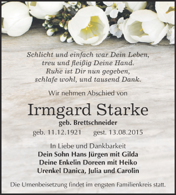 Traueranzeige von Irmgard Starke von WVG - Wochenspiegel Dessau / Köthen