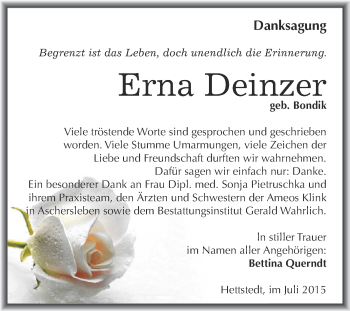 Traueranzeige von Erna Deinzer von Super Sonntag SGH Mansf. Land