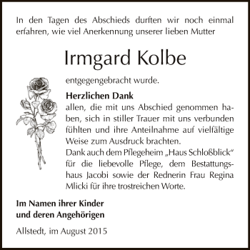 Traueranzeige von Irmgard Kolbe von Super Sonntag SGH Mansf. Land