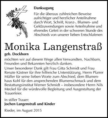 Traueranzeige von Monika Langenstraß von Mitteldeutsche Zeitung Quedlinburg