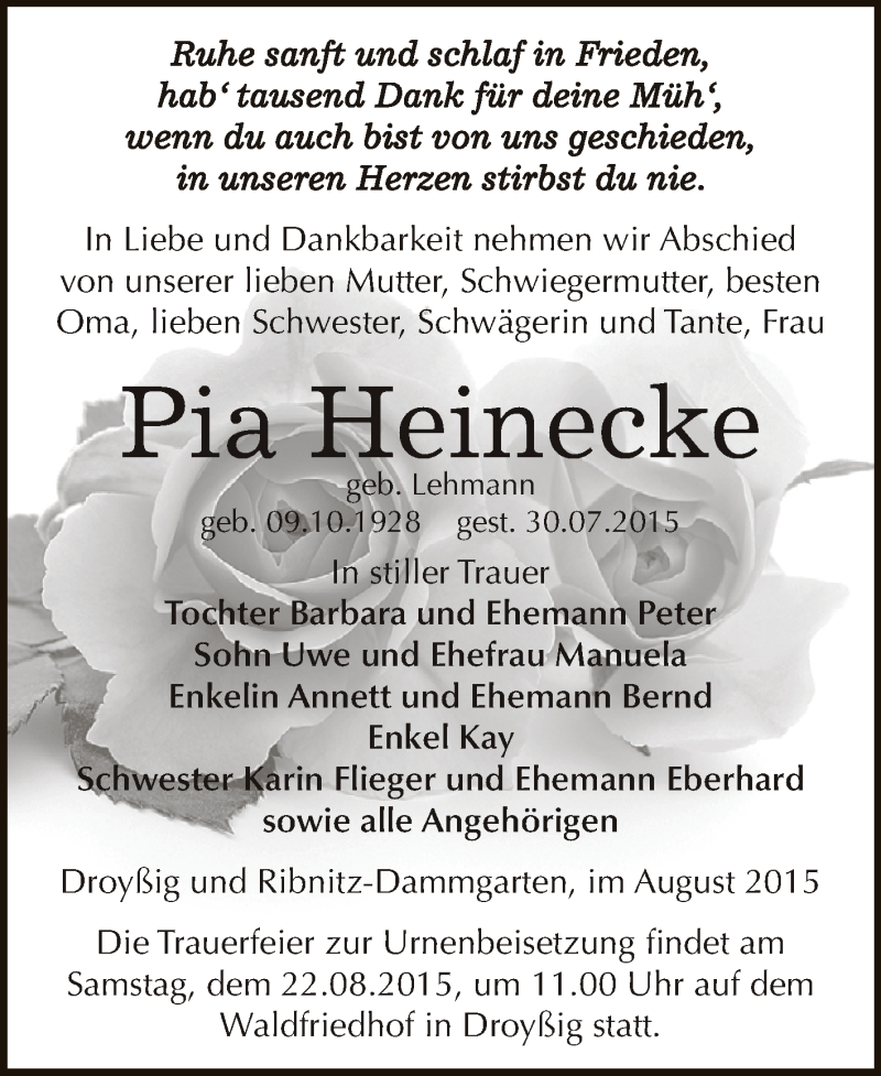  Traueranzeige für Pia Heinecke vom 08.08.2015 aus Super Sonntag Zeitz