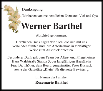 Traueranzeige von Werner Barthel von WVG - Wochenspiegel Dessau / Köthen