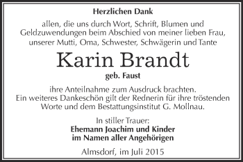 Traueranzeige von Karin Brandt von WVG - Wochenspiegel Merseburg