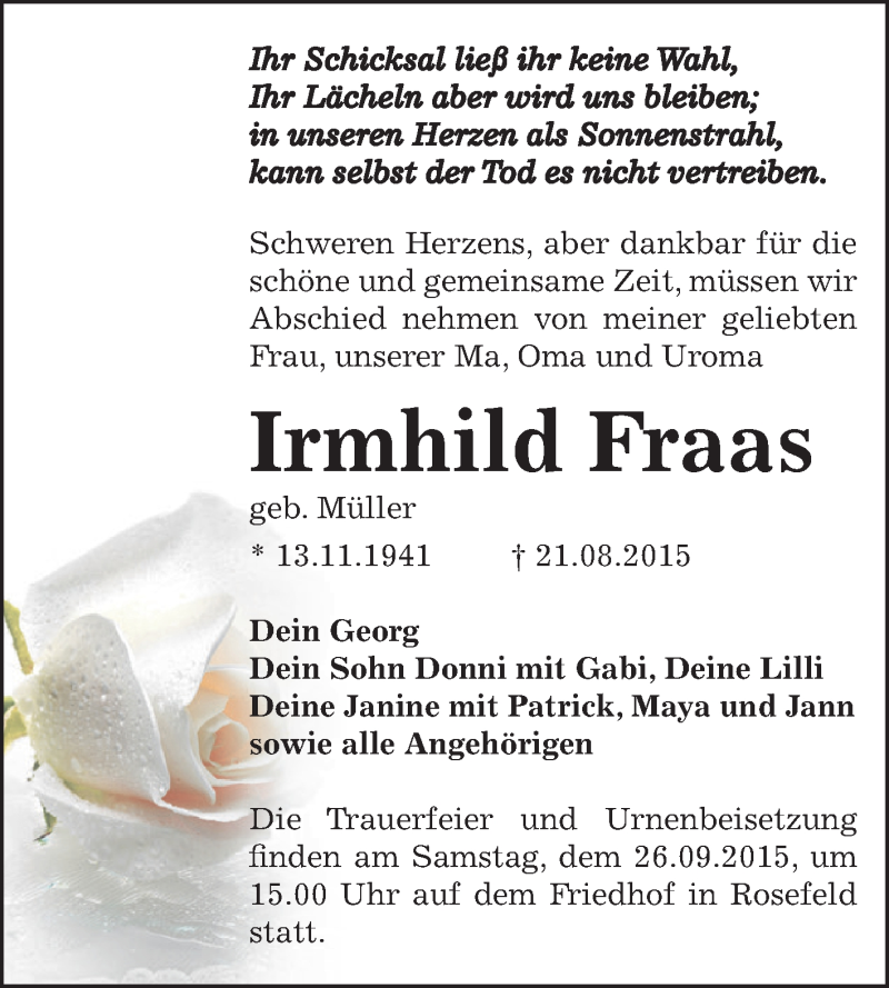  Traueranzeige für Irmhild Fraas vom 29.08.2015 aus WVG - Wochenspiegel Dessau / Köthen