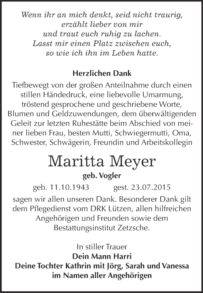  Traueranzeige für Maritta Meyer vom 19.08.2015 aus WVG - Wochenspiegel NMB / WSF / ZTZ