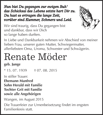 Traueranzeige von Renate Möder von WVG - Wochenspiegel NMB / WSF / ZTZ