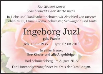 Traueranzeige von Ingeborg Juzl von WVG - Wochenspiegel Wittenberg