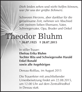 Traueranzeige von Theodor Bluhm von WVG - Wochenspiegel Dessau / Köthen