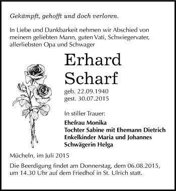 Traueranzeige von Erhard Scharf von Mitteldeutsche Zeitung Merseburg/Querfurt