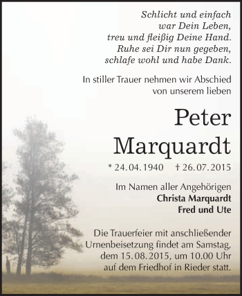 Traueranzeige von Peter Marquardt von WVG - Wochenspiegel Quedlinburg