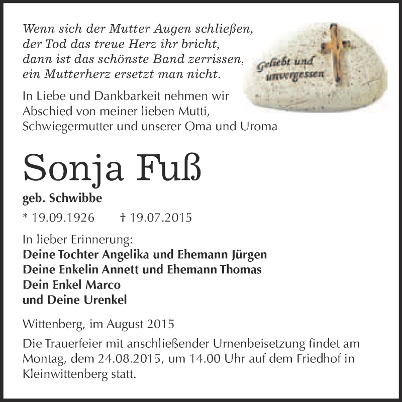  Traueranzeige für Sonja Fuß vom 08.08.2015 aus WVG - Wochenspiegel Wittenberg