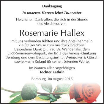 Traueranzeige von Rosemarie Hallex von Super Sonntag Bernburg