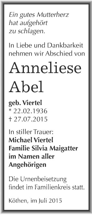 Traueranzeige von Anneliese Abel von WVG - Wochenspiegel Dessau / Köthen