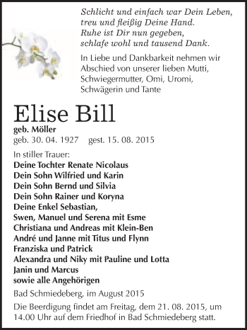 Traueranzeige von Elise Bill von WVG - Wochenspiegel Wittenberg