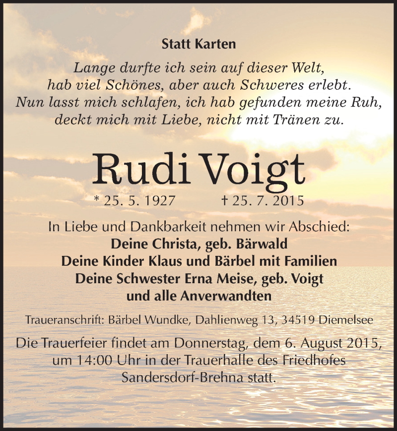  Traueranzeige für Rudi Voigt vom 04.08.2015 aus Mitteldeutsche Zeitung Bitterfeld