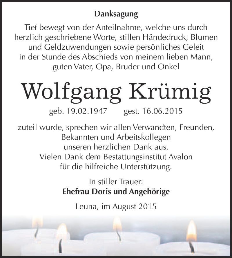  Traueranzeige für Wolfgang Krümig vom 12.08.2015 aus Super Sonntag Merseburg