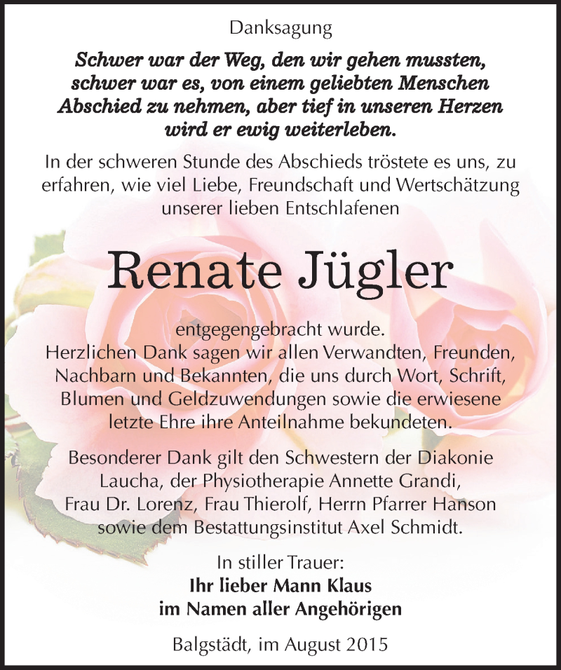  Traueranzeige für Renate Jügler vom 01.08.2015 aus Mitteldeutsche Zeitung Naumburg/Nebra