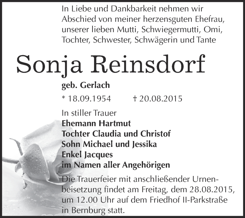  Traueranzeige für Sonja Reinsdorf vom 22.08.2015 aus Super Sonntag Bernburg