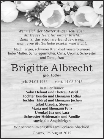 Traueranzeige von Brigitte Albrecht von WVG - Wochenspiegel NMB / WSF / ZTZ