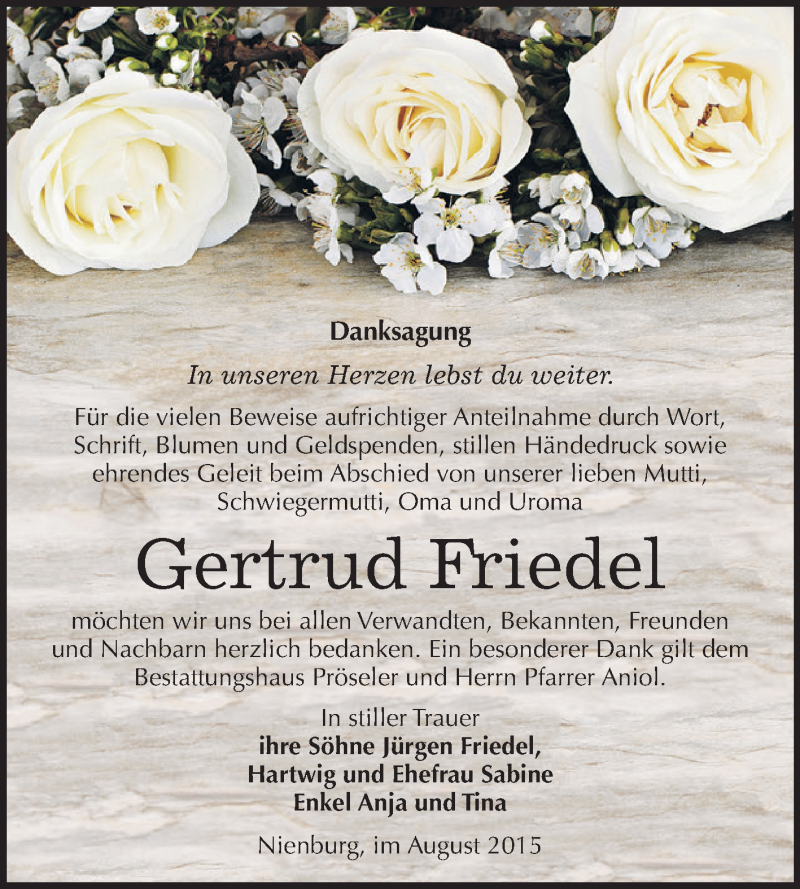  Traueranzeige für Gertrud Friedel vom 08.08.2015 aus Super Sonntag Bernburg