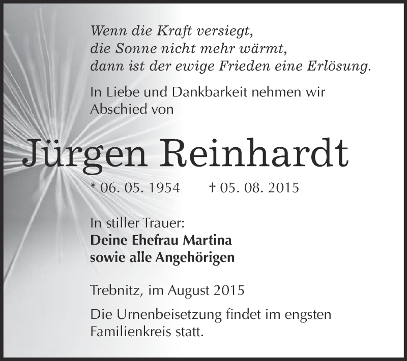  Traueranzeige für Jürgen Reinhardt vom 12.08.2015 aus WVG - Wochenspiegel NMB / WSF / ZTZ