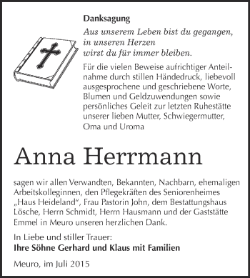 Traueranzeige von Anna Herrmann von WVG - Wochenspiegel Wittenberg