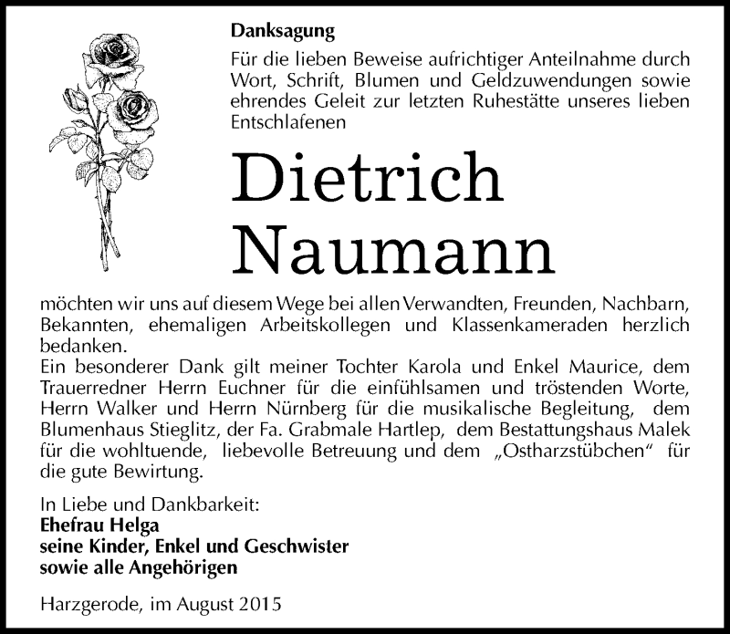  Traueranzeige für Dietrich Naumann vom 08.08.2015 aus Mitteldeutsche Zeitung Quedlinburg