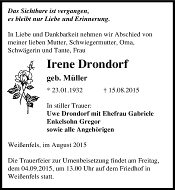 Traueranzeige von Irene Drondorf von Mitteldeutsche Zeitung Weißenfels