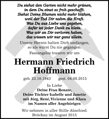 Traueranzeige von Hermann Friedrich Hoffmann von Mitteldeutsche Zeitung Zeitz