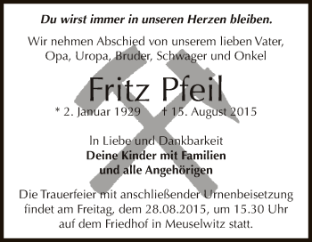 Traueranzeige von Fritz Pfeil von Super Sonntag Zeitz