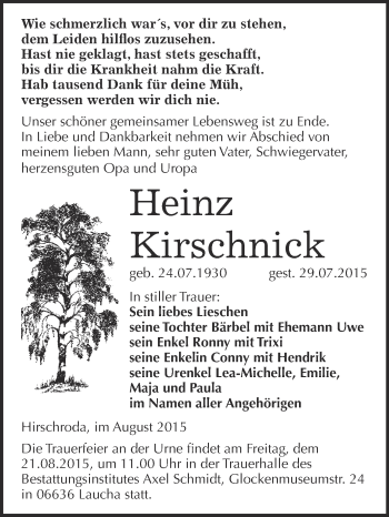 Traueranzeige von Heinz Kirschnick von WVG - Wochenspiegel NMB / WSF / ZTZ