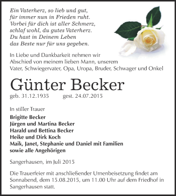 Traueranzeige von Günter Becker von Super Sonntag SGH Mansf. Land