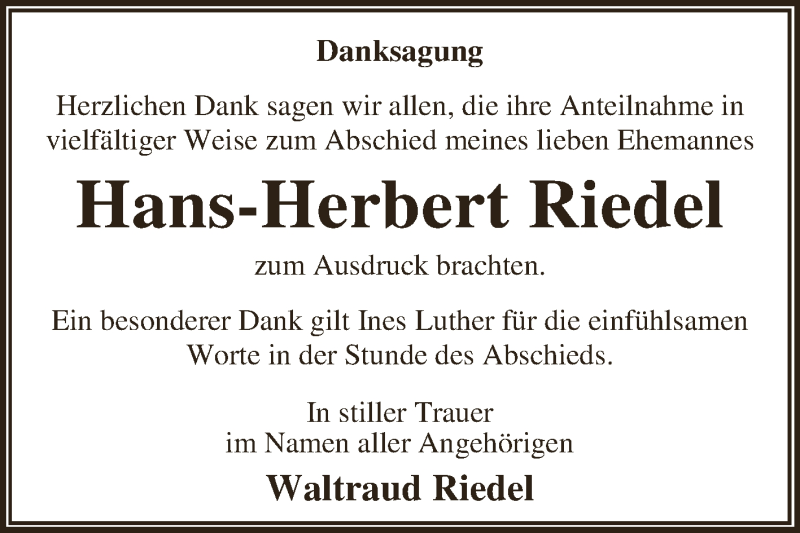  Traueranzeige für Hans-Herbert Riedel vom 15.08.2015 aus WVG - Wochenspiegel Dessau / Köthen