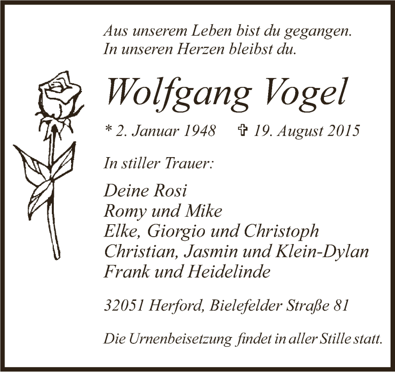  Traueranzeige für Wolfgang Vogel vom 22.08.2015 aus Super Sonntag Zeitz