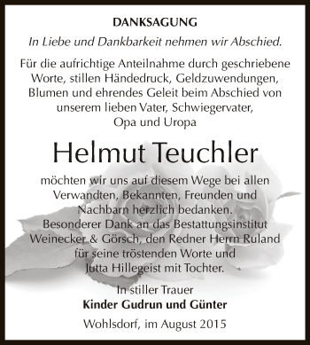 Traueranzeige von Helmut Teuchler von Super Sonntag Bernburg