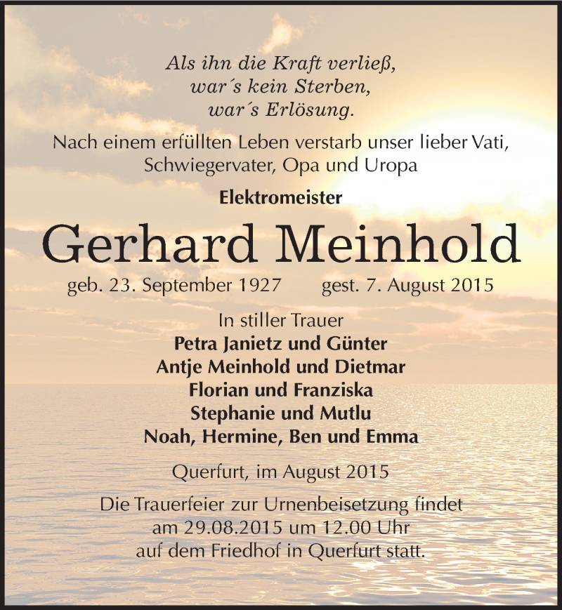  Traueranzeige für Gerhard Meinhold vom 12.08.2015 aus Mitteldeutsche Zeitung Merseburg/Querfurt