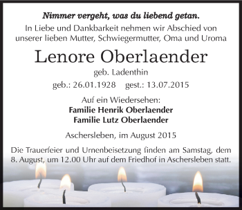 Traueranzeige von Lenore Oberlaender von Mitteldeutsche Zeitung Aschersleben