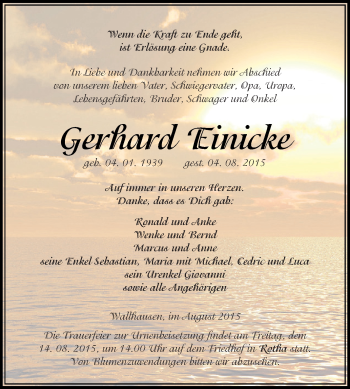 Traueranzeige von Gerhard Einicke von WVG - Wochenspiegel SGH