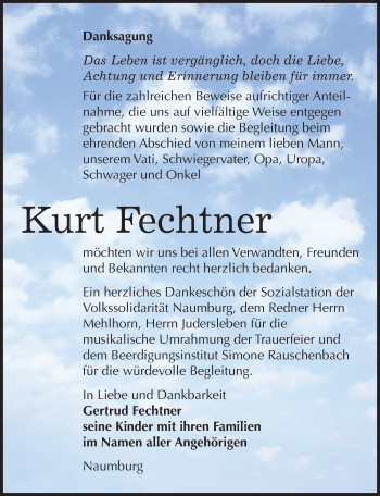 Traueranzeige von Kurt Fechtner von Mitteldeutsche Zeitung Naumburg/Nebra