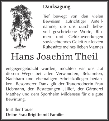 Traueranzeige von Hans Joachim Theil von WVG - Wochenspiegel Dessau / Köthen