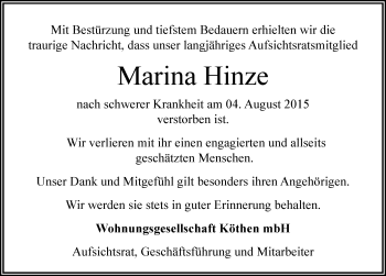 Traueranzeige von Marina Hinze von Mitteldeutsche Zeitung Köthen