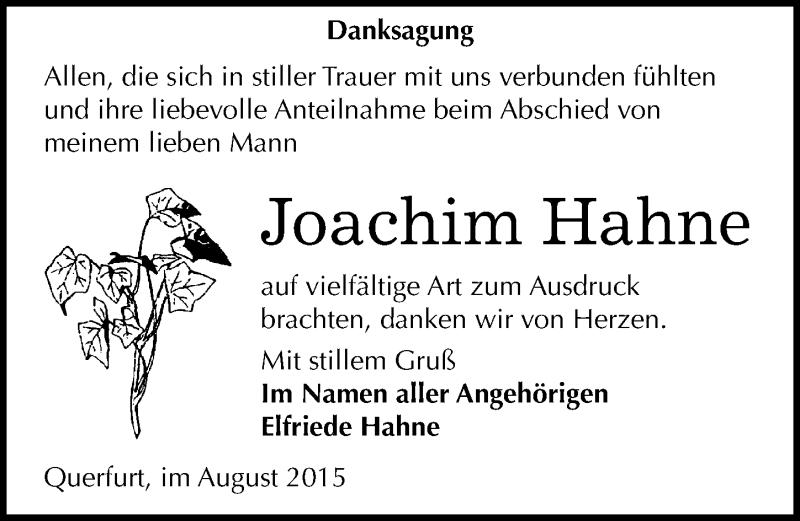  Traueranzeige für Joachim Hahne vom 19.08.2015 aus Mitteldeutsche Zeitung Merseburg/Querfurt