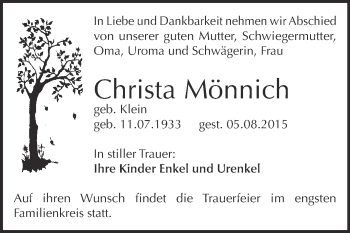 Traueranzeige von Christa Mönnich von Super Sonntag Zeitz