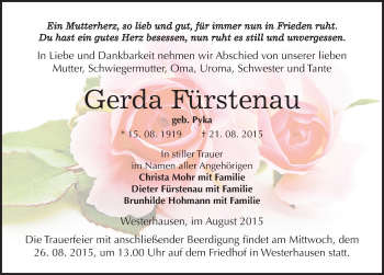 Traueranzeige von Gerda Fürstenau von Mitteldeutsche Zeitung Quedlinburg