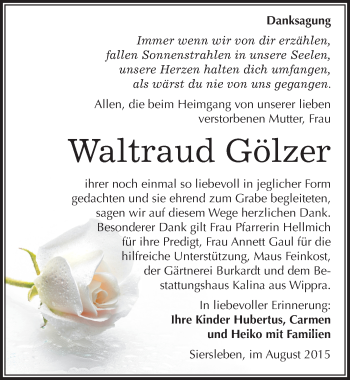 Traueranzeige von Waltraud Gölzer von Mitteldeutsche Zeitung Mansfelder Land