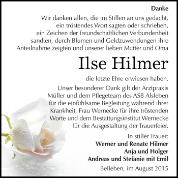 Traueranzeige von Ilse Hilmer von WVG - Wochenspiegel Bernburg