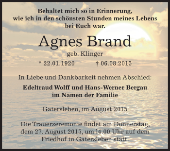 Traueranzeige von Agnes Brand von Super Sonntag Aschersleben