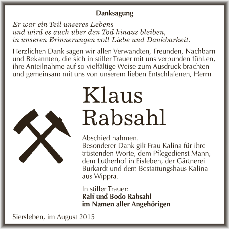  Traueranzeige für Klaus Klaus vom 15.08.2015 aus Super Sonntag SGH Mansf. Land