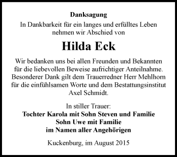 Traueranzeige von Hilda Eck von WVG - Wochenspiegel NMB / WSF / ZTZ